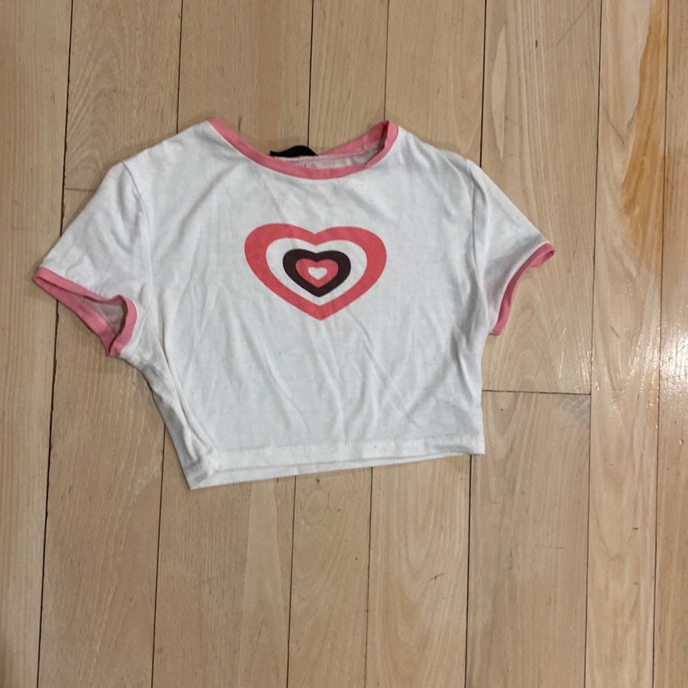Pink and white heart cropped shirt